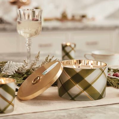 Thymes Frasier Fir Frosted Plaid Large Candle lit